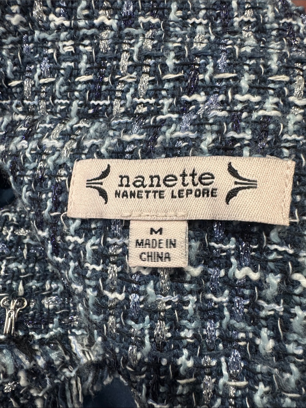 Nanette Lepore Blue‎ Tweed Jacket Women’s  Frayed Trim Metallic Blazer  Coat - Picture 6 of 9